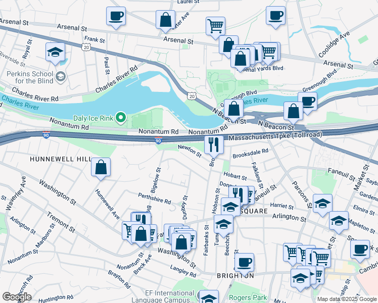 map of restaurants, bars, coffee shops, grocery stores, and more near 40 Newton Street in Boston