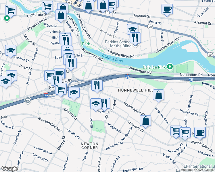 map of restaurants, bars, coffee shops, grocery stores, and more near 165 Hunnewell Avenue in Newton