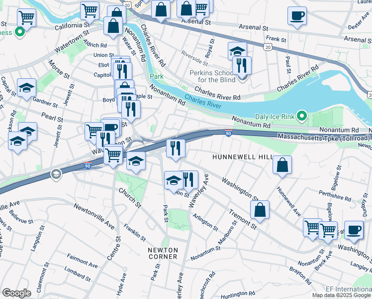 map of restaurants, bars, coffee shops, grocery stores, and more near 165 Hunnewell Avenue in Newton