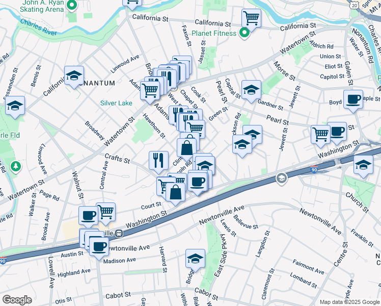 map of restaurants, bars, coffee shops, grocery stores, and more near 8 Clinton Street in Newton