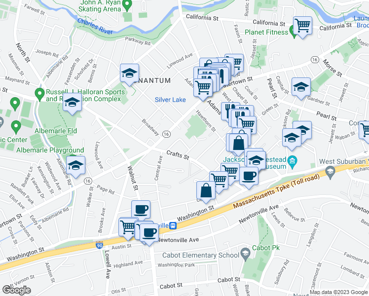 map of restaurants, bars, coffee shops, grocery stores, and more near 33 Lothrop Street in Newton