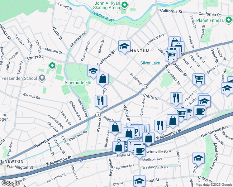 map of restaurants, bars, coffee shops, grocery stores, and more near 100 Walnut Street in Newton