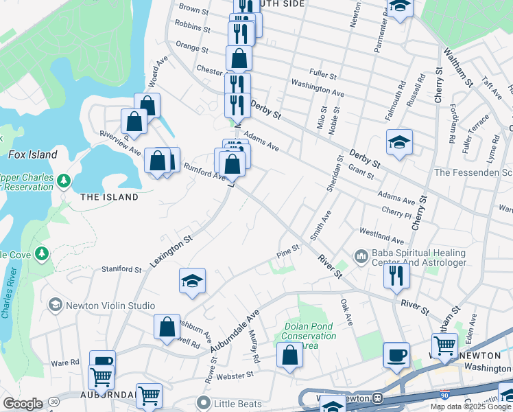 map of restaurants, bars, coffee shops, grocery stores, and more near 303 River Street in Newton