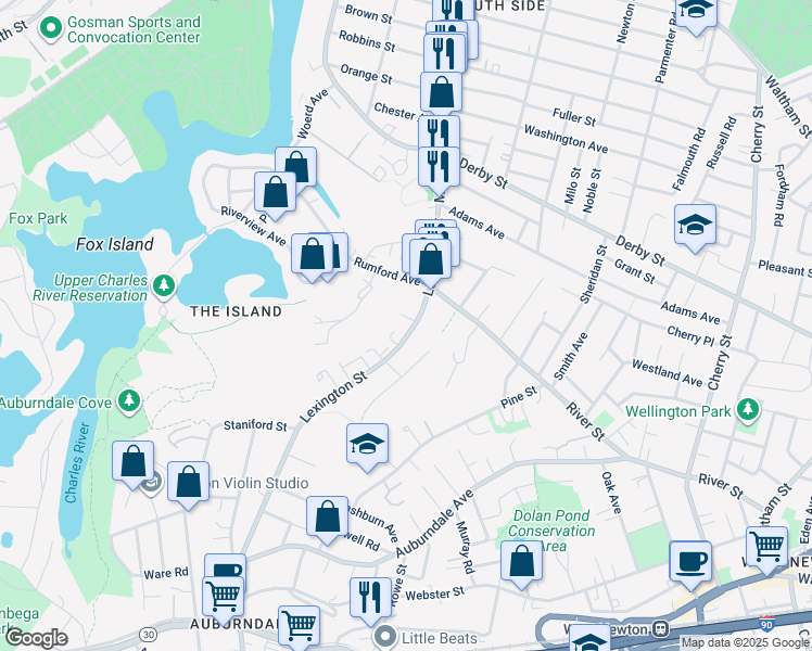 map of restaurants, bars, coffee shops, grocery stores, and more near 101 Lexington Street in Newton