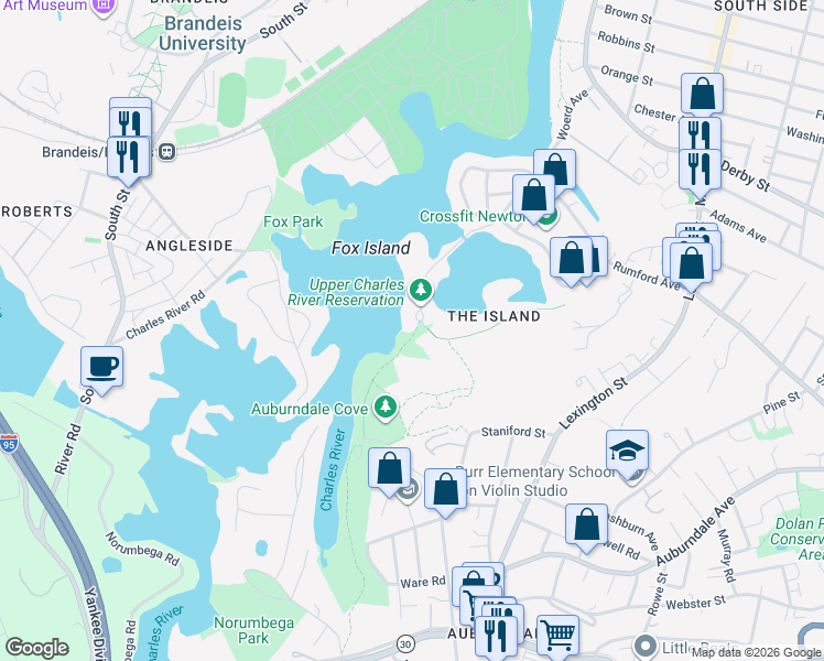 map of restaurants, bars, coffee shops, grocery stores, and more near in Waltham