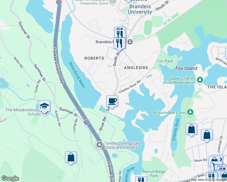 map of restaurants, bars, coffee shops, grocery stores, and more near 696 South Street in Waltham