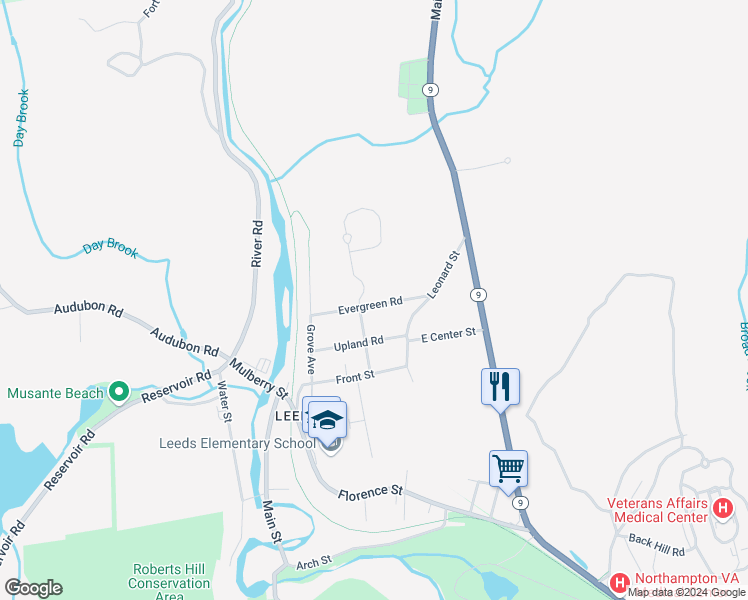 map of restaurants, bars, coffee shops, grocery stores, and more near 63 Evergreen Road in Northampton