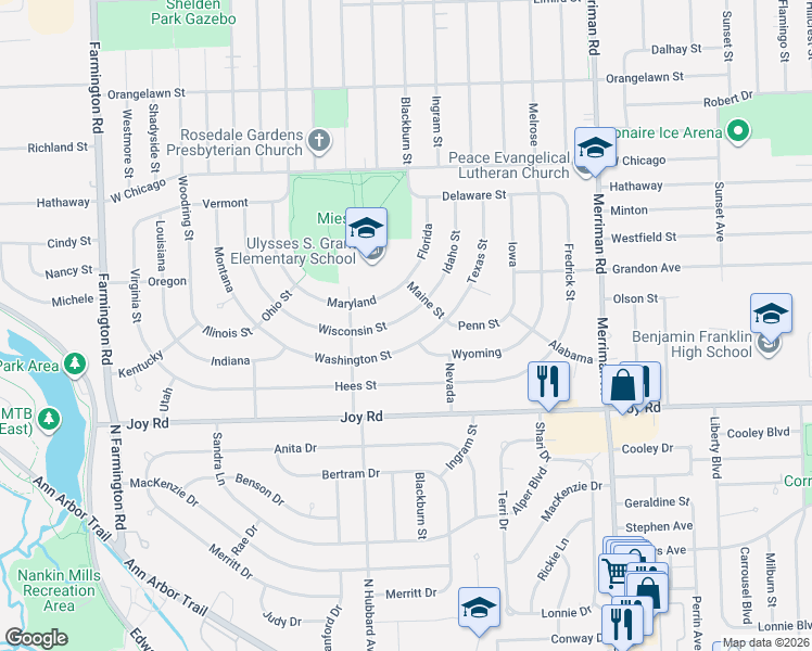 map of restaurants, bars, coffee shops, grocery stores, and more near 32131 Wisconsin Street in Livonia
