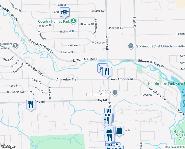 map of restaurants, bars, coffee shops, grocery stores, and more near 35100 Ann Arbor Trail in Livonia
