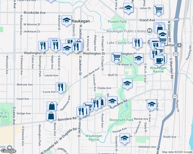 map of restaurants, bars, coffee shops, grocery stores, and more near 134 South Chapel Street in Waukegan