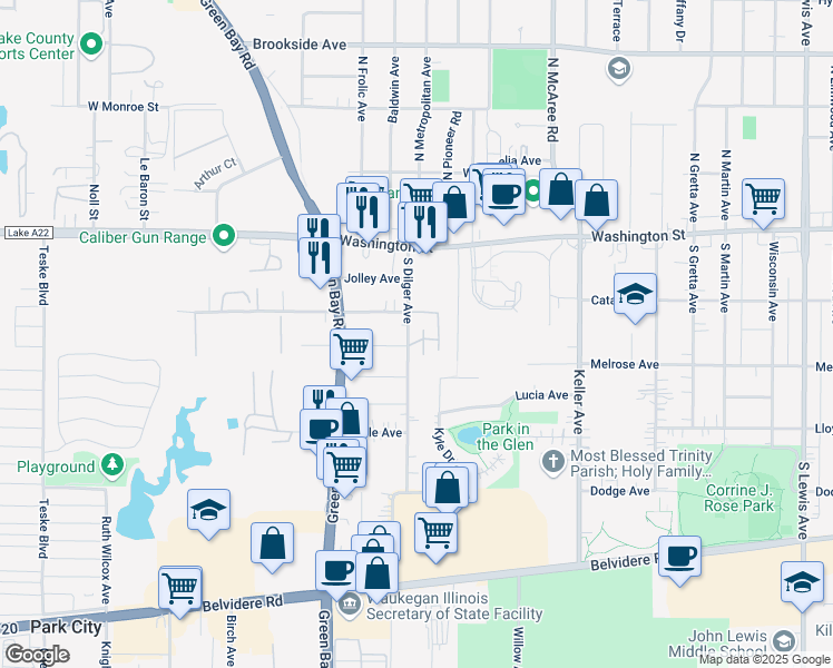 map of restaurants, bars, coffee shops, grocery stores, and more near 2723 Westwood Drive in Waukegan