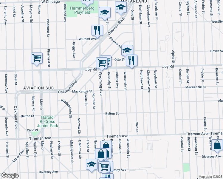 map of restaurants, bars, coffee shops, grocery stores, and more near 8500 Kentucky Street in Detroit