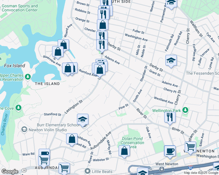 map of restaurants, bars, coffee shops, grocery stores, and more near 298 River Street in Newton