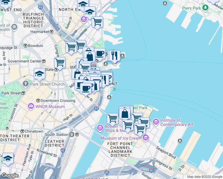 map of restaurants, bars, coffee shops, grocery stores, and more near 40 Rowes Wharf in Boston