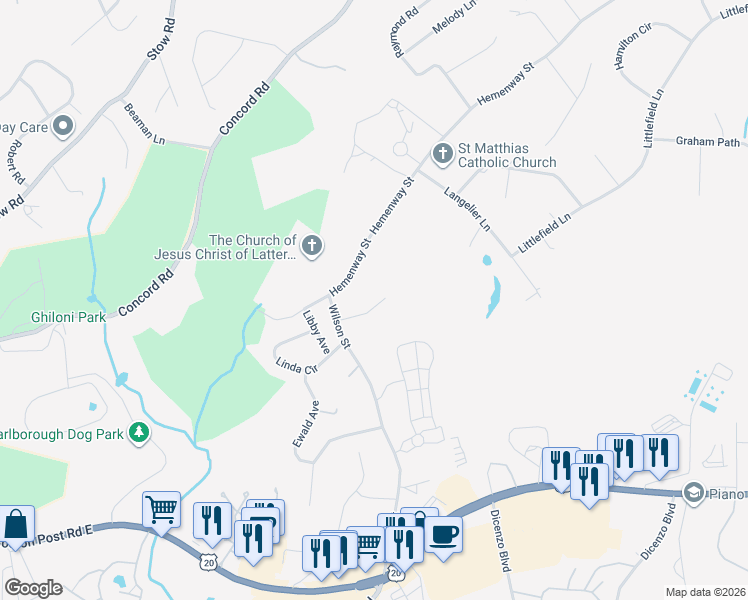 map of restaurants, bars, coffee shops, grocery stores, and more near 48 Sheridan Road in Marlborough