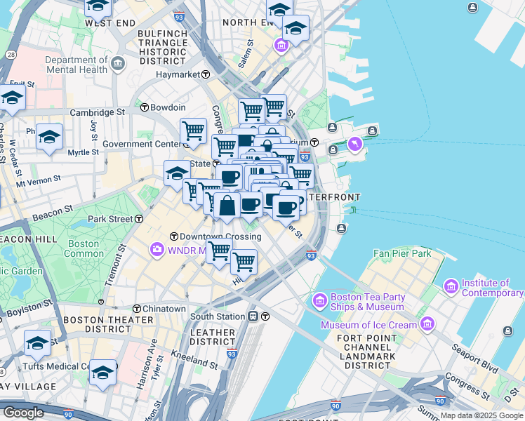 map of restaurants, bars, coffee shops, grocery stores, and more near 1 Post Office Square in Boston