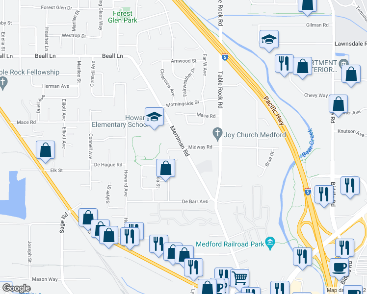 map of restaurants, bars, coffee shops, grocery stores, and more near Merriman Rd & Midway Rd in Medford