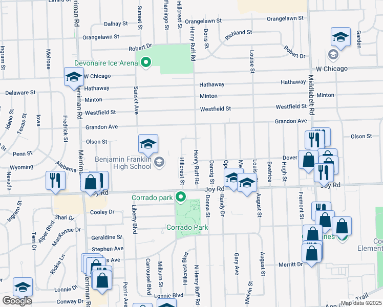 map of restaurants, bars, coffee shops, grocery stores, and more near 9038 Hillcrest Street in Livonia