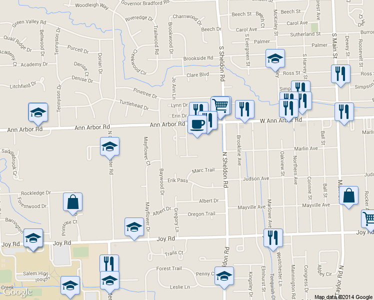 map of restaurants, bars, coffee shops, grocery stores, and more near 9420 Marguerite Drive in Plymouth