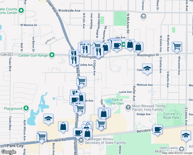 map of restaurants, bars, coffee shops, grocery stores, and more near 2732 Westwood Drive in Waukegan