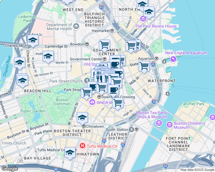 map of restaurants, bars, coffee shops, grocery stores, and more near 340 Washington Street in Boston