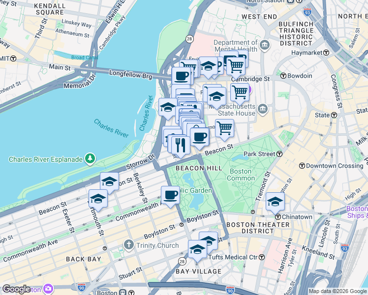 map of restaurants, bars, coffee shops, grocery stores, and more near 34 Charles Street in Boston