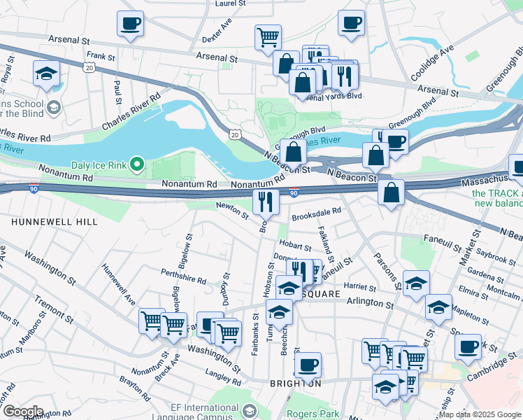 map of restaurants, bars, coffee shops, grocery stores, and more near 6 Woodmont Street in Boston