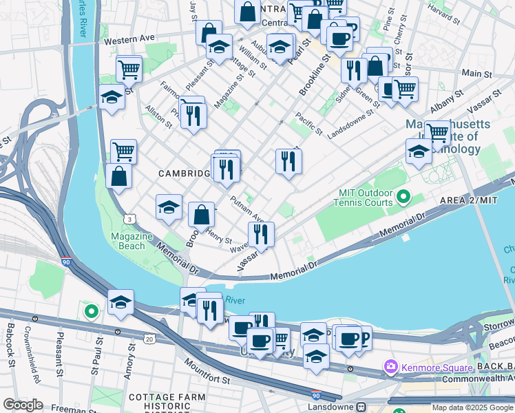 map of restaurants, bars, coffee shops, grocery stores, and more near 240 Sidney Street in Cambridge