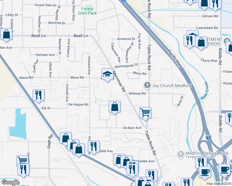 map of restaurants, bars, coffee shops, grocery stores, and more near 2685 Merriman Road in Medford