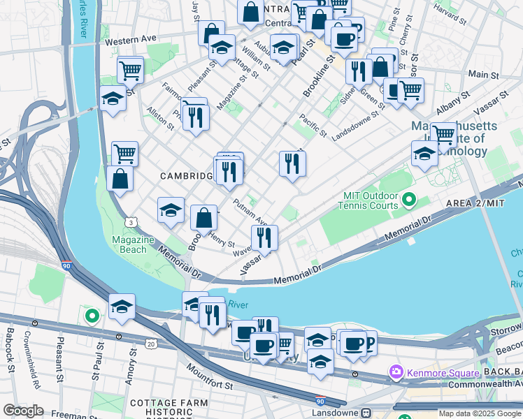 map of restaurants, bars, coffee shops, grocery stores, and more near 240 Sidney Street in Cambridge