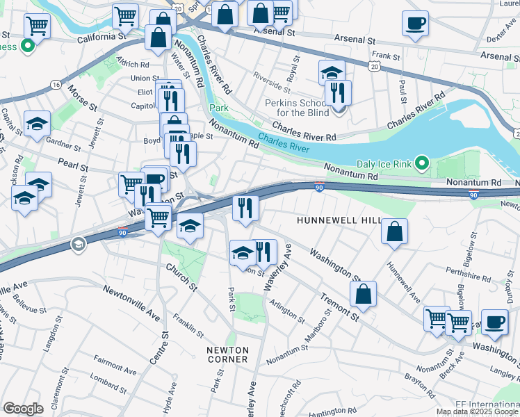 map of restaurants, bars, coffee shops, grocery stores, and more near 169 Hunnewell Avenue in Newton