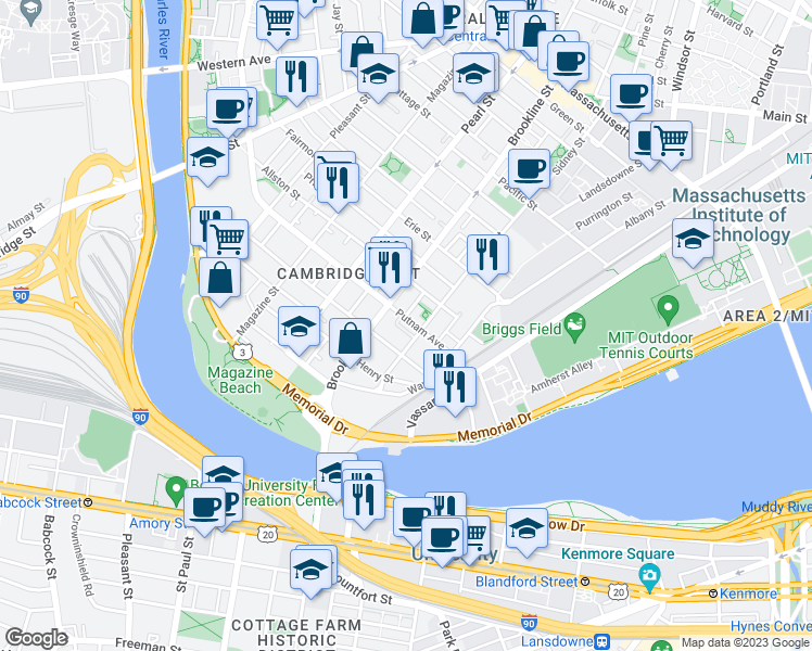 map of restaurants, bars, coffee shops, grocery stores, and more near 585 Putnam Avenue in Cambridge