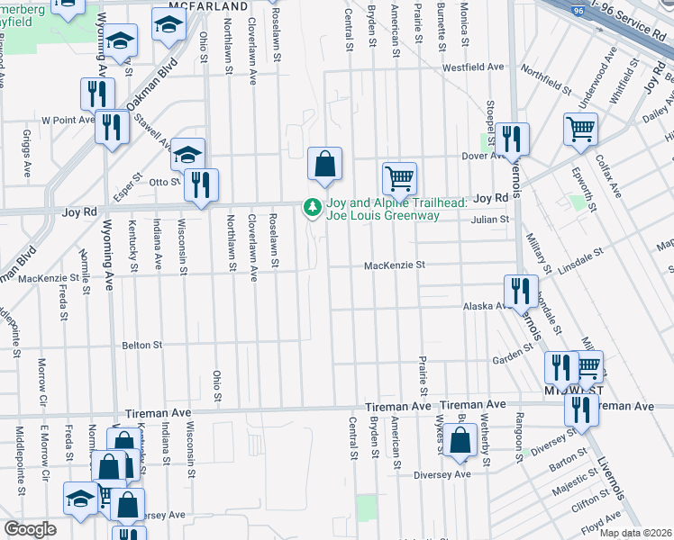 map of restaurants, bars, coffee shops, grocery stores, and more near 8503 Central Avenue in Detroit