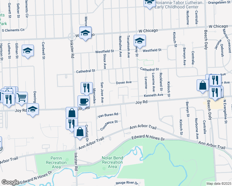 map of restaurants, bars, coffee shops, grocery stores, and more near 27004 Joy Road in Redford Charter Township