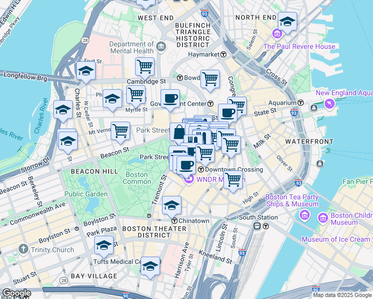 map of restaurants, bars, coffee shops, grocery stores, and more near 116 Tremont Street in Boston