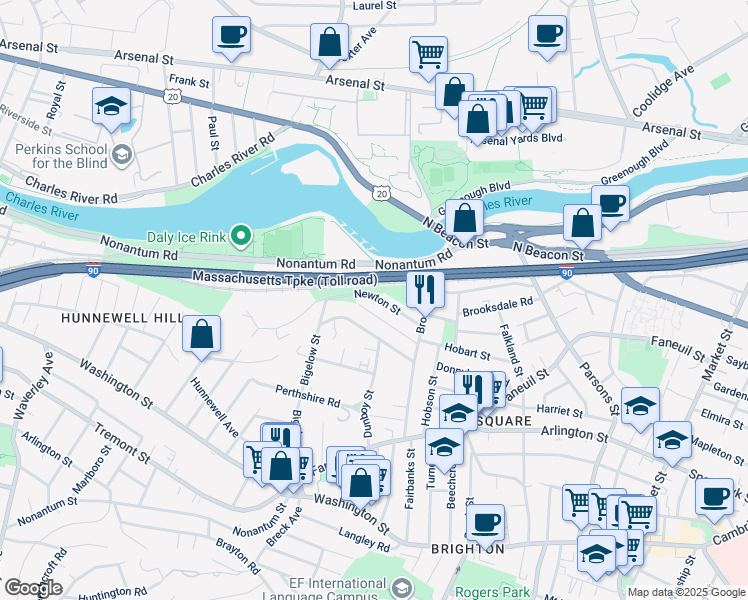 map of restaurants, bars, coffee shops, grocery stores, and more near 40 Newton Street in Boston