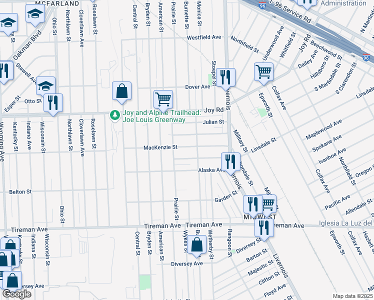 map of restaurants, bars, coffee shops, grocery stores, and more near 7149 Mackenzie Street in Detroit