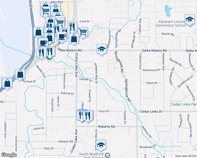 map of restaurants, bars, coffee shops, grocery stores, and more near 2211 Temple Drive in Medford