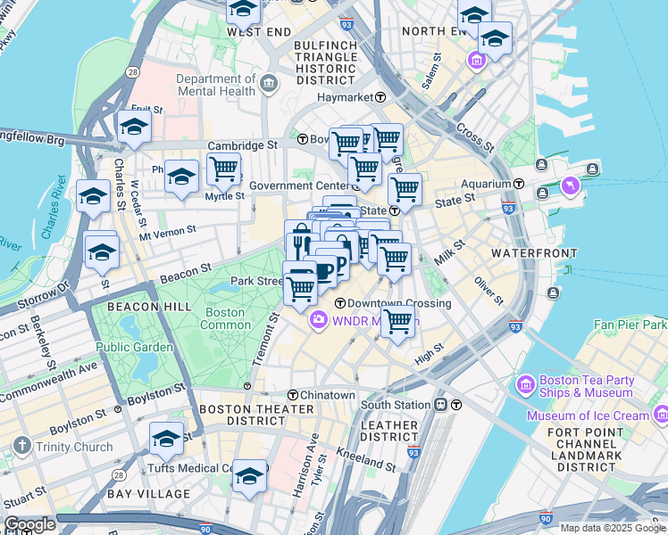map of restaurants, bars, coffee shops, grocery stores, and more near 69 Bromfield Street in Boston