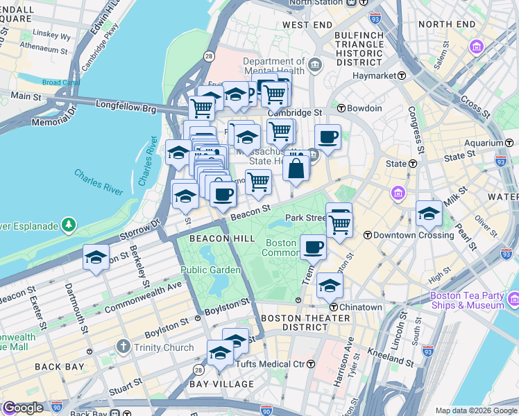 map of restaurants, bars, coffee shops, grocery stores, and more near 44 Beacon Street in Boston