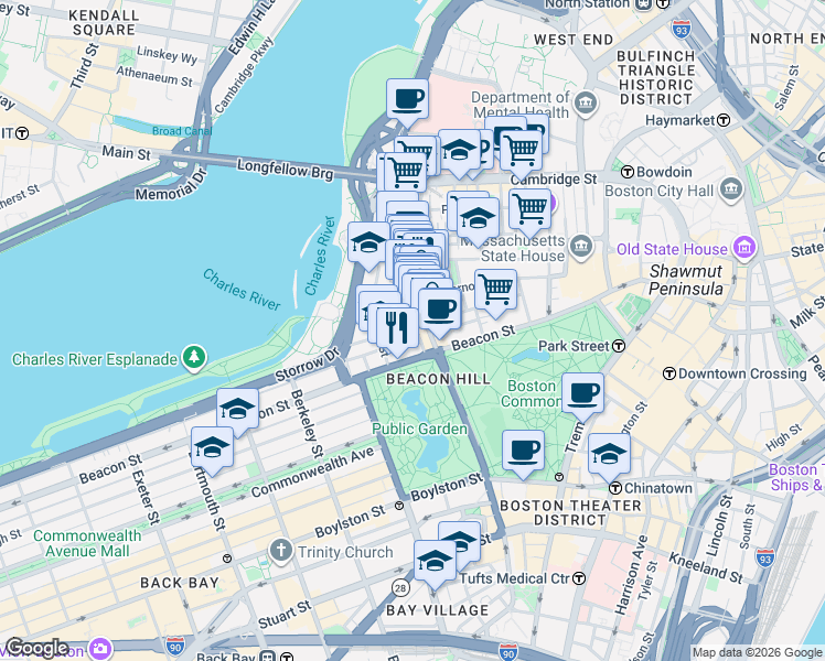 map of restaurants, bars, coffee shops, grocery stores, and more near 34 Charles Street in Boston