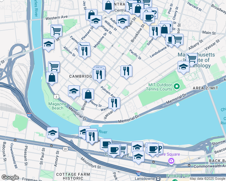 map of restaurants, bars, coffee shops, grocery stores, and more near 216 Sidney Street in Cambridge