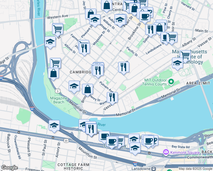 map of restaurants, bars, coffee shops, grocery stores, and more near 216 Sidney Street in Cambridge
