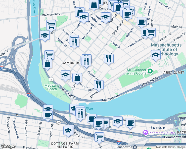 map of restaurants, bars, coffee shops, grocery stores, and more near 14 Putnam Court in Cambridge
