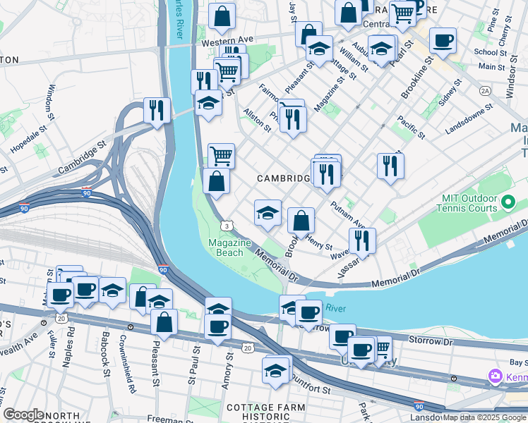 map of restaurants, bars, coffee shops, grocery stores, and more near 17 Glenwood Avenue in Cambridge