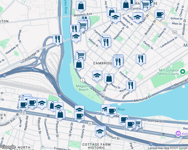 map of restaurants, bars, coffee shops, grocery stores, and more near 17 Glenwood Avenue in Cambridge