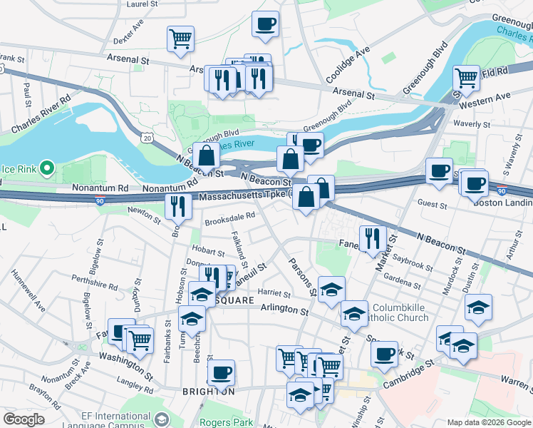 map of restaurants, bars, coffee shops, grocery stores, and more near 225 Parsons Street in Boston