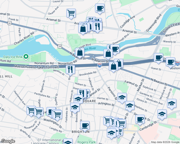map of restaurants, bars, coffee shops, grocery stores, and more near 25 Brooksdale Road in Boston