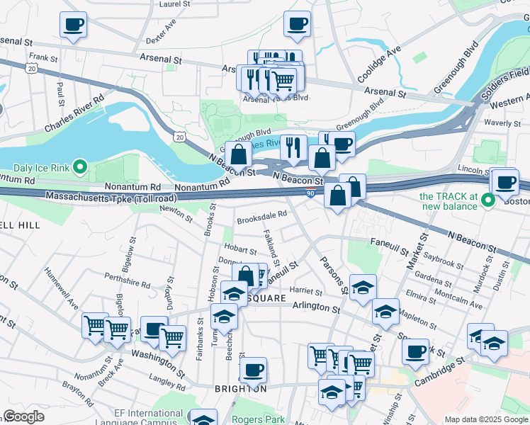 map of restaurants, bars, coffee shops, grocery stores, and more near 25 Brooksdale Road in Boston