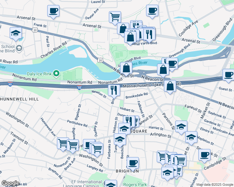 map of restaurants, bars, coffee shops, grocery stores, and more near 7 Riverview Road in Boston